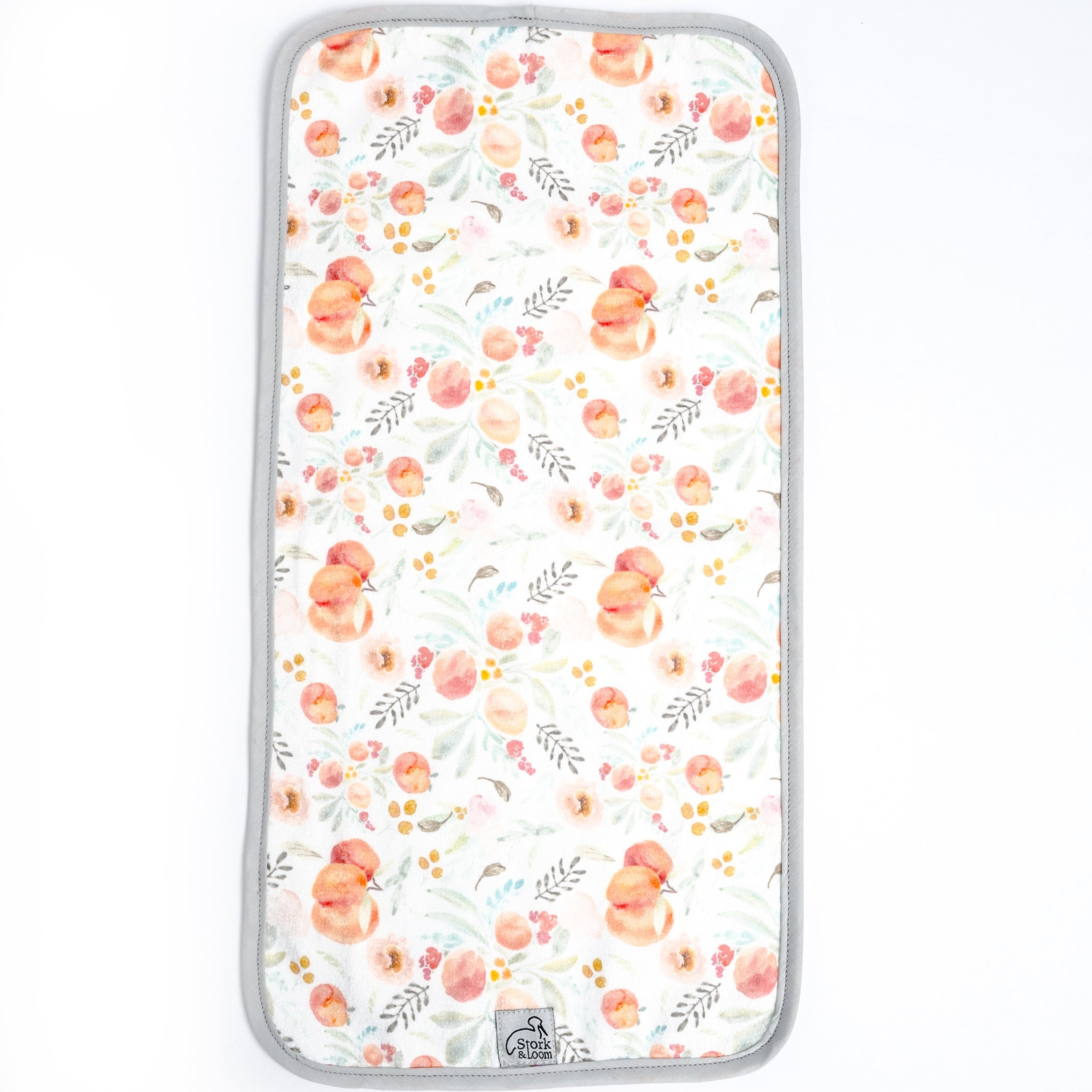 SINGLE LAYER DESIGNED FRONT TERRY CLOTH BURPING CLOTH, PEACH PRINT, PEARL GREY BIDNING, BURP CLOTH, BABY, BABY BURP CLOTH 