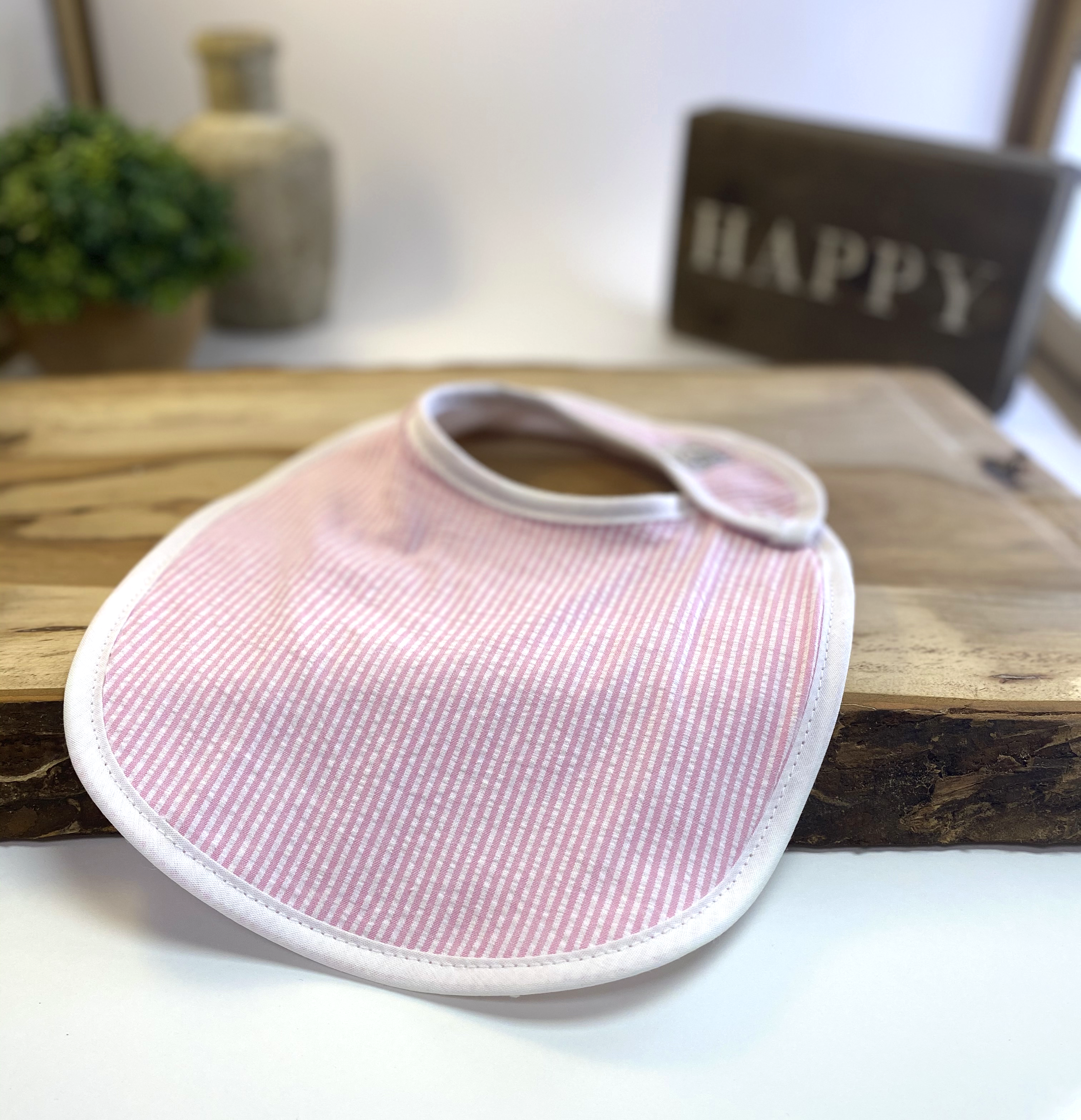 Pink Seersucker Bib Set